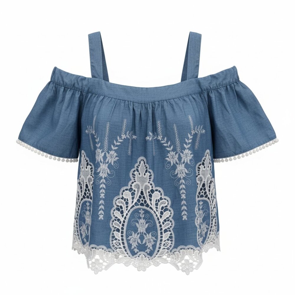 Boho Chambray Off Shoulder Embroidered Lace Top L Blue Cottagecore Peasant